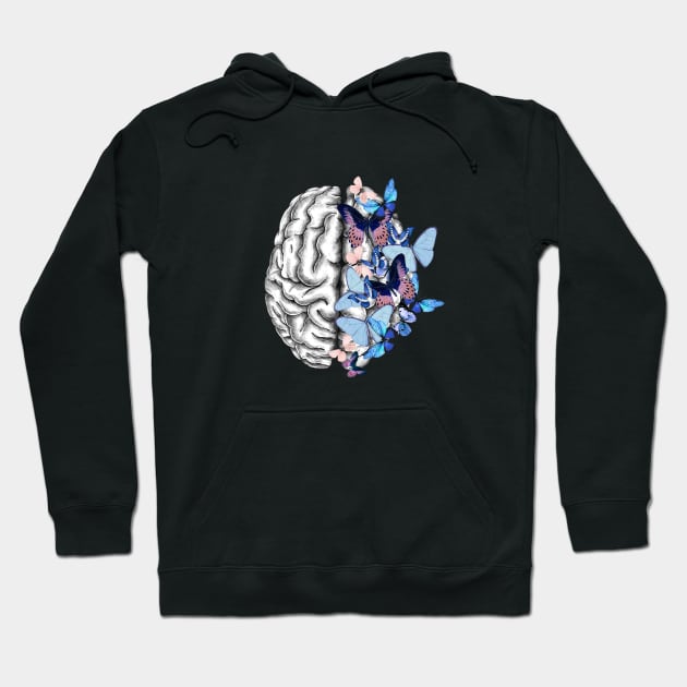 Brain blue butterflies, Mental Health Hoodie by Collagedream